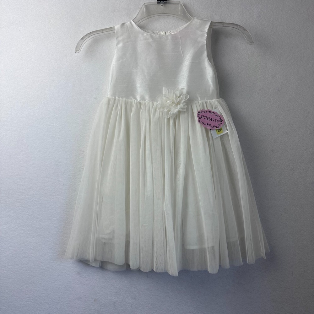 Popatu Girls Ivory White Tulle Flower Dress Sleeveless Special Occasion Size 4‎